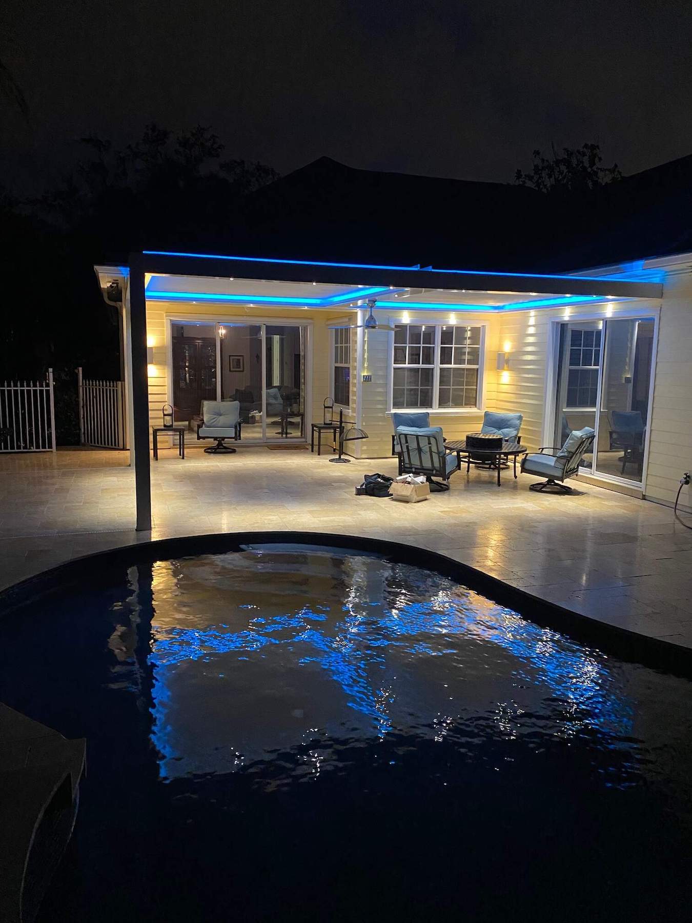 Blue Light Louvered Pergola Near Pool Ft Lauderdale FL